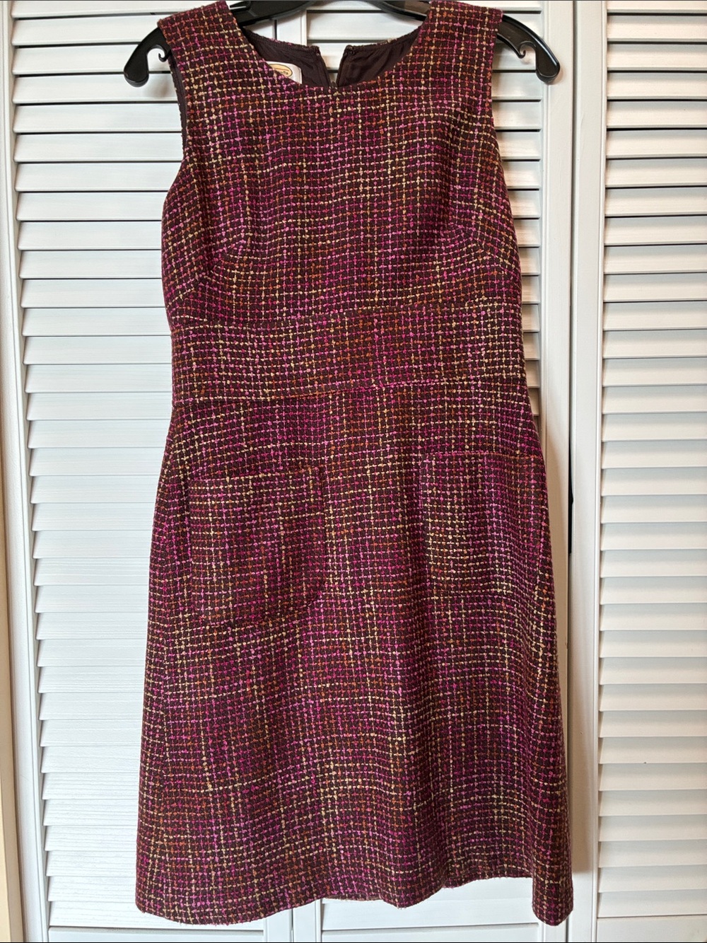 Sleeveless Plum Tweed Sheath Dress